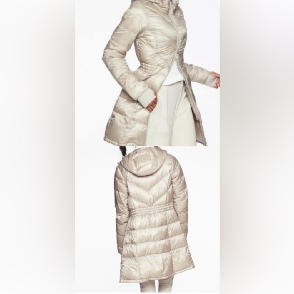 Athleta Women’s Goose Down Lightweight Hooded Beige Puffer Coat Dove Size S